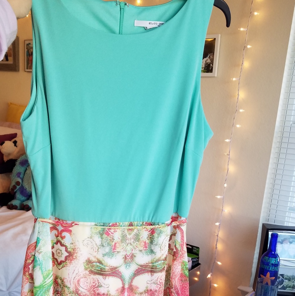 Print Seafoam Green and Pink Dress